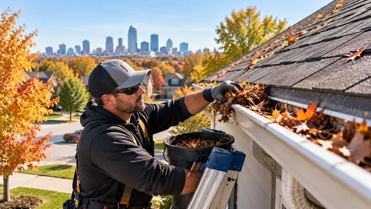 Gutter installer removing wet leaves from a clogged gutter into a bucket during a fall gutter cleaning in Kansas City