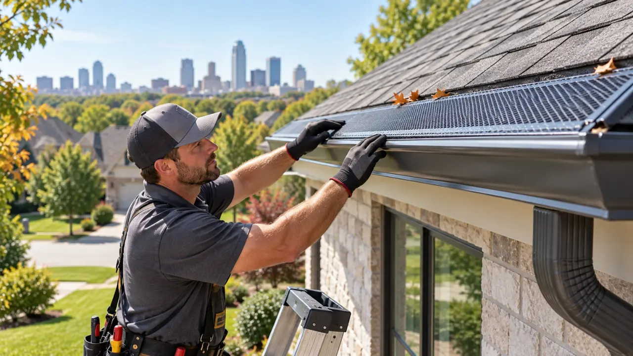 Gutter installer fitting a mesh gutter guard along a roofline on a Kansas City home to keep leaves out of the gutter