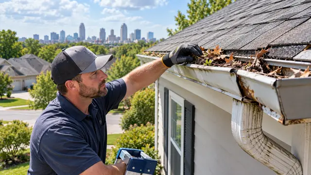 Old gutter packed with leaves, twigs, and rust stains on a Kansas City home, showing signs it needs repair