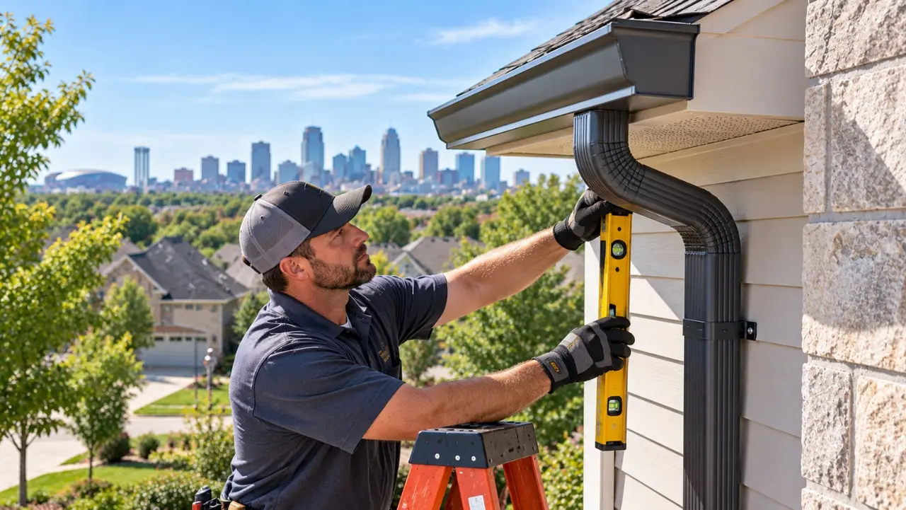 Gutter installer using a level to check downspout placement and gutter pitch on a Kansas City home