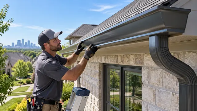 Gutter installer securing a seamless aluminum gutter and downspout on a Kansas City home with the downtown skyline in the background